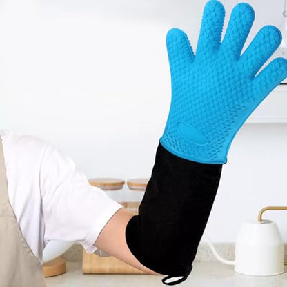 1 Pair Extra Long Professional Oven Mitts, Non-Slip Silicone Grip Heat Resistant,19.7" Length,Up to 572℉ for BBQ Cooking Baking Grilling (Blue) - color: Blue