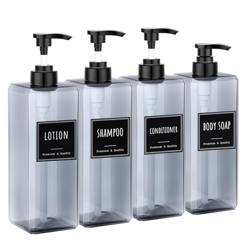 Segbeauty 33.8oz Shampoo and Conditioner Dispenser with Labels, 4pcs Refillable Plastic Empty Body Lotion Soap Dispenser Hand Liquid Container for Bathroom, 1000ml Gray Large Pump Bottle for Kitchen - color: Gray, style: 4pcs
