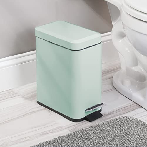 mDesign Small Modern 1.3 Gallon Rectangle Metal Lidded Step Trash Can, Compact Garbage Bin with Removable Liner Bucket and Handle for Bathroom, Kitchen, Craft Room, Office, Garage - Light Mint Green - color: Light Mint Green, size: 1.3 Gallon