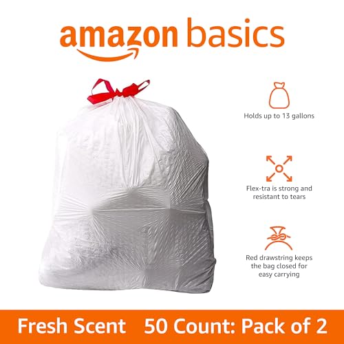 Amazon Basics Flextra Strength Tall Kitchen Drawstring Trash Bags,Fresh Scent,Tear Resistant,13 Gallon,50 Count (Pack of 2) - size: 50 Count (Pack of 2)