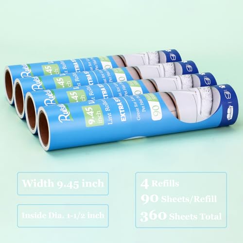 9.45 inch Lint Roller Refills for Large Long Handle Lint Rollers for Carpet 9.45'' Extra Sticky Floor Lint Roller 4 Pack of Refills Only, 90 Sheets per Refill, 360 Sheets Total - size: 9.45 inch