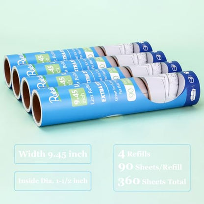 9.45 inch Lint Roller Refills for Large Long Handle Lint Rollers for Carpet 9.45'' Extra Sticky Floor Lint Roller 4 Pack of Refills Only, 90 Sheets per Refill, 360 Sheets Total - size: 9.45 inch