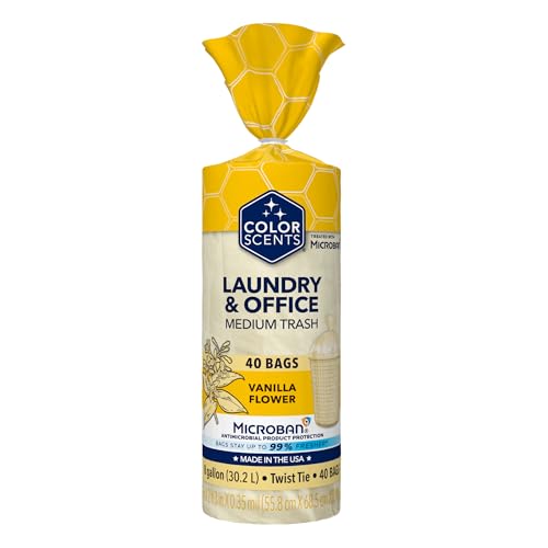 Color Scents Medium Trash Bags - 8 Gallon, 40 Bags (1 Pack of 40 Bags) Twist Tie - Cream Color Bag in Vanilla Flower Scent with Microban - color: Vanilla Flower Scent, size: 1 Count (Pack of 40)