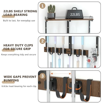 Mop Holder Wall Mount with Cleaning Supplies Organizer, Wood Mop and Broom Hanger Rack Organizer with Anti-Fall Wall Shelf with 5 Clips & Hooks for Garage Laundry Room Kitchen (Dark) - color: Dark