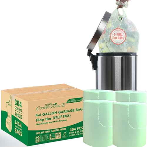 BEIDOU-PAC 4-6 Gallon Flap Tie Compostable Trash Bags, 304 Count, Compost Bags Kitchen Trash Bags, Sturdy Garbage Bags Food Scrap Waste Bags, ASTM D6400, US BPI Certified - style: Flat ties | 4-6 Gallon | 304 Count