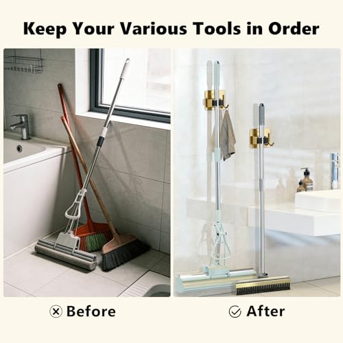Mop and Broom Organizer Wall Hanging No Drill,Metal Utility Tool Hangers Wall Mountable,Garage Closet Organizer Heavy,Storage Rack Self Adhesive 2Pcs for Bathroom, Kitchen, Office,Laundry.Gold