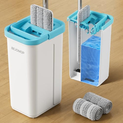 Mop and Bucket Set, Mops for Floor Cleaning Turquoise-Cyan, 60" Long Handle Wall Mop, Squeeze Flat Mop and Bucket System, Dry & Wet Dust Mop for Household Cleaning with 2 Microfiber Mops - size: Mop System (Cyan) - 60" Handle - 2 Total Pads