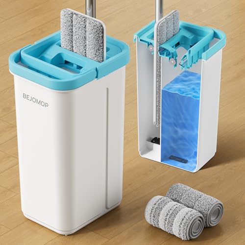 Mop and Bucket Set, Mops for Floor Cleaning Turquoise-Cyan, 60" Long Handle Wall Mop, Squeeze Flat Mop and Bucket System, Dry & Wet Dust Mop for Household Cleaning with 2 Microfiber Mops - size: Mop System (Cyan) - 60" Handle - 2 Total Pads