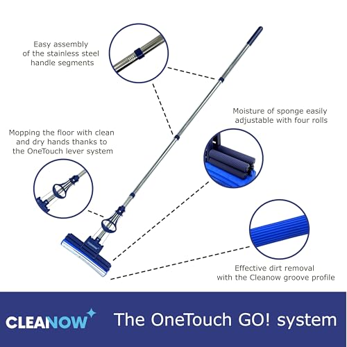 OneTouch GO! Floor Cleaner, Wring Mop, Cleaning Tool with Wringing Function - Sponge mop for Cleaning Floors- with PVA Sponge and Stainless Steel mop Handle