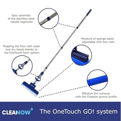 OneTouch GO! Floor Cleaner, Wring Mop, Cleaning Tool with Wringing Function - Sponge mop for Cleaning Floors- with PVA Sponge and Stainless Steel mop Handle