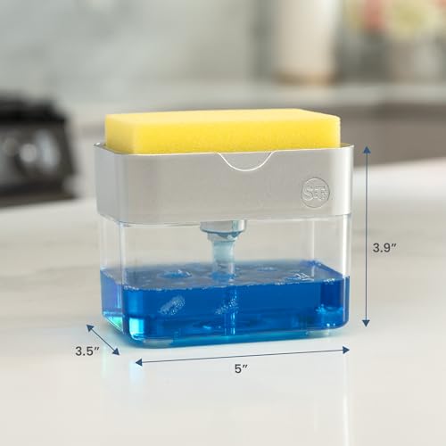 S&T INC. Dish Soap Dispenser and Sponge Holder for Kitchen Sink with Enhanced Features, Sponge Included, 13 Ounces, Silver - color: Silver