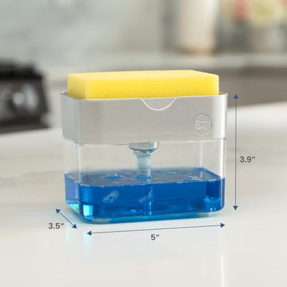 S&T INC. Dish Soap Dispenser and Sponge Holder for Kitchen Sink with Enhanced Features, Sponge Included, 13 Ounces, Silver - color: Silver