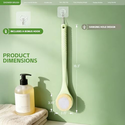 Back Scrubber for Shower with Long Handle, Dual-Sided Bath Brush with Soft Bristles & 150D Exfoliating Cloth, Anti-Slip Grip, Lightweight Back Washer for Shower, Men & Women (Green) - color: Greena