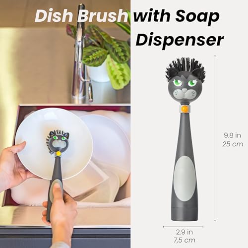 Vigar Soap Dispensing Dish Brush - Felix Cat-Shaped, Dish Brush with Handle and Soap Dispenser, Scrub Brush for Dishes, Pot Scrubber, Sink Scrubber, Dish Cleaner, and Kitchen Essentials - Black, Gray - color: Multicolor