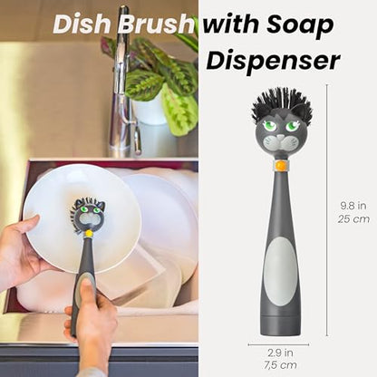 Vigar Soap Dispensing Dish Brush - Felix Cat-Shaped, Dish Brush with Handle and Soap Dispenser, Scrub Brush for Dishes, Pot Scrubber, Sink Scrubber, Dish Cleaner, and Kitchen Essentials - Black, Gray - color: Multicolor