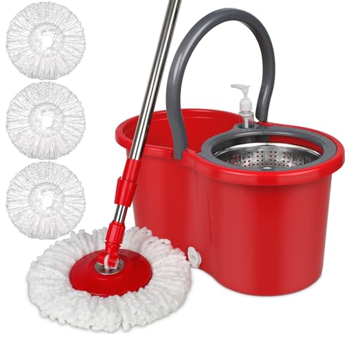 360 Mop and Bucket Set, Spin Mop Bucket with Wringer, Microfiber 3 Mop Replacement Heads, Mops for Floor Cleaning, Mop with Bucket (Red) - color: Red-1
