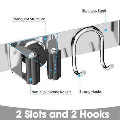Broom Holder Wall Mount, 2-Pack Stainless Steel Mop and Broom Organizer, Broom Hanger with 2 Slots 2 Hooks for Home Kitchen, Garage, Garden and Laundry Room, Silver - color: Silver-2 Pack