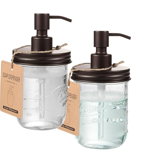 SheeChung Mason Jar Soap Dispenser, Dish Soap Dispenser Kitchen, Stainless Steel Pump Lid, Glass Hand Soap Dispensers for Bathroom Countertop, Liquid, Lotion, Refillable, Farmhouse Decor (2, Bronze) - color: Bronze-2 Pack, Wide Mouth