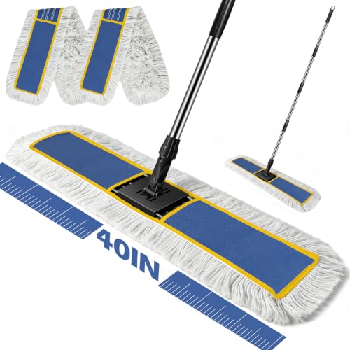 MASTERTOP 40" Commercial Dust Mop for Floor Cleaning, Heavy Duty Flat Mop | Industrial 64" Long Handle Push Broom with 2 Cotton Pads for Hardwood, Tile, Laminate, Concrete, Warehouse & Gym Cleaning - color: Blue(40"*8.3")