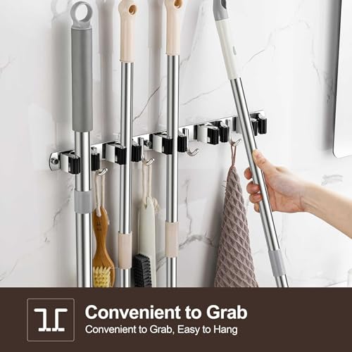 Broom Holder Wall Mount, Stainless Steel Broom Hanger Wall Mount, Heavy Duty Mop and Broom Holder Tool Racks Utility Hooks for Laundry Room Garden Garage, Grey (5 Racks and 4 Hooks) - color: Gray, size: 1Pack 5R4H