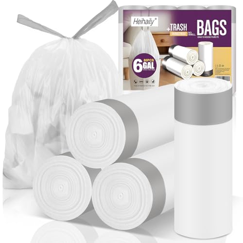 6-Gallon Trash Bags Drawstring Kitchen-Garbage-Bag - Heihaily 4 Rolls 80 Counts Recycled Unscented Office Plastic Can Liner Bathroom Transparent White For Outdoor Yard Waste Basket - style: 6Gal white 80 Counts