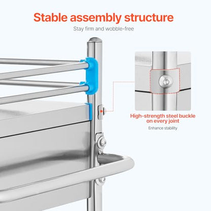 VEVOR Stainless Steel Utility Cart, 2 Layers with Two Lockable Wheels, Ideal for Laboratory, Hospital, Dental Use - size: 2-tier shelves with 2 drawer
