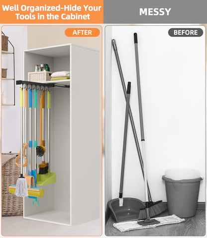 Pull Out Broom Holder With Adjustable Double Row Sliding Hook, Multifunctional Slide Broom And Mop Storage/Organizer Garage Organization Hooks, for Closet Laundry Garage Kitchen - 16.14inch