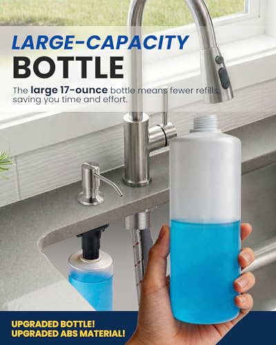 Built in Kitchen Sink Soap Dispenser: Stainless Steel Pump Head with 17 Ounce Large Soap Bottle, Easy Top Refill Design – No Bending Down for Countertop, Brushed Nickel - color: Brushed Nickel