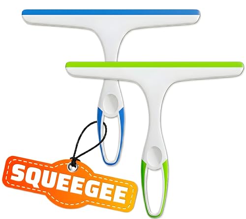 2 Pack Shower Squeegee for Glass Doors – 9.5” Silicone Blade Window Cleaner Tool (Blue & Green) – Bathroom, Car Windshield, Mirror & Tile Cleaning Wiper with Hook – Lightweight Ergonomic Handle