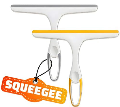 2 Pack Shower Squeegee for Glass Doors – 9.5” Silicone Blade Window Cleaner Tool (Grey & Yellow) – Bathroom, Car Windshield, Mirror & Tile Cleaning Wiper with Hook – Lightweight Ergonomic Handle