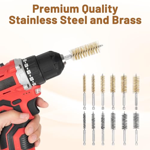 12 Pcs Bore Brush for Drill Wire Bore Brush Set Wire Cleaning Set for 1/4 Inch Hex Shank Power Drill Impact Driver (Stainless Steel, Brass, 8/10/12/15/17/19 mm)