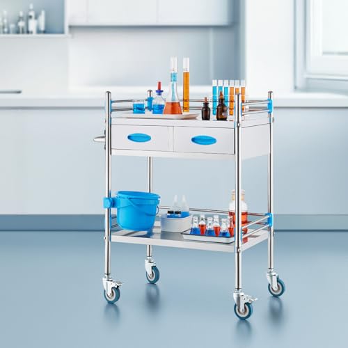 VEVOR Stainless Steel Utility Cart, 2 Layers with Two Lockable Wheels, Ideal for Laboratory, Hospital, Dental Use - size: 2-tier shelves with 2 drawer