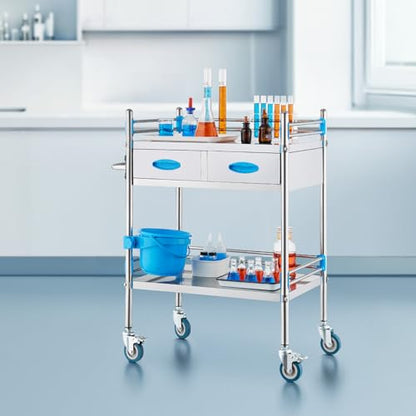 VEVOR Stainless Steel Utility Cart, 2 Layers with Two Lockable Wheels, Ideal for Laboratory, Hospital, Dental Use - size: 2-tier shelves with 2 drawer
