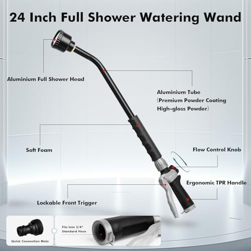 RESTMO Heavy Duty Full Metal Long Watering Wand, 24 Inches Gentle Soft Full Shower Sprayer Wand with Flow Control, Hose Wand for Hanging Baskets, Shrubs, Plants, Flowers, Garden and Lawn, Flash Black - color: Flash Black