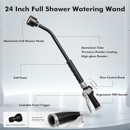 RESTMO Heavy Duty Full Metal Long Watering Wand, 24 Inches Gentle Soft Full Shower Sprayer Wand with Flow Control, Hose Wand for Hanging Baskets, Shrubs, Plants, Flowers, Garden and Lawn, Flash Black - color: Flash Black