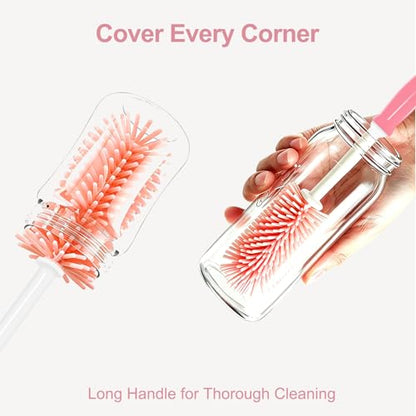 Bottle Brush Set 3-in-1, Including Long Handle Silicone Bottle Brush, Detail Cleaner, Straw Brush, Non Scratch Cleaning Brushes for Water Bottles, Tumblers and Glass (Pink) - color: Pink