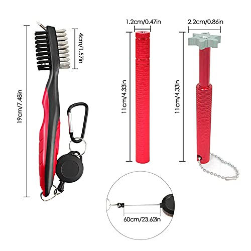 VIPMOON Golf Club Cleaner Kit, 2 Pcs Groove Sharpener Regrooving Tool and 1 Pcs Retractable Club Cleaner Brush, Portable Groove Sharpener Tool for All Golf Irons for Men - color: Red