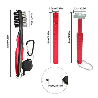 VIPMOON Golf Club Cleaner Kit, 2 Pcs Groove Sharpener Regrooving Tool and 1 Pcs Retractable Club Cleaner Brush, Portable Groove Sharpener Tool for All Golf Irons for Men - color: Red