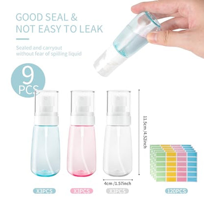 9 Pcs Travel Spray Bottle 60ml/2oz Leak Proof Fine Mist Spray Bottles Empty Mini Makeup Face Spray Bottle Clear Refillable Travel Containers for Perfume Cosmetic Essential Oil, 3 Color(120pcs Labels) - size: 9 Pcs - 2 oz