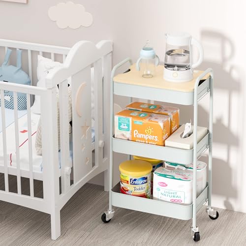 TOOLF 3-Tier Rolling Cart with Table Top, Metal Storage Cart on Wheels, Utility Organizer with Wooden Tray, Lockable Casters, Easy Assembly for Bathroom, Bedroom, Baby Room, Kitchen, Green - color: Green