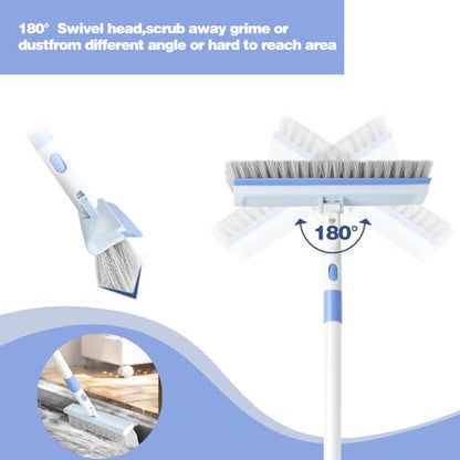 Floor Scrub Brush and V-Shape Grout Brush with Long Handle 3 in 1 Replaceable Head Scrape Brush Stiff Bristle with Swivel Head for Cleaning Tiles Hardwood Floors Patios Blue - color: Blue White