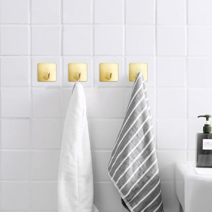 FOTYRIG Golden Stainless Steel Square Self Adhesive Hooks - Extra-Long Anti-Slip with Upgraded Adhesive, Holds 15lb Heavy Duty Wall Hooks for Kitchen, Bathroom, Garage -4 Packs - color: Gold