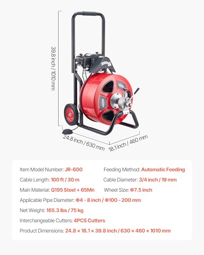 VEVOR Drain Cleaner Machine 100 FT x 3/4 Inch, Auto Feed Sewer Snake Auger on Wheels, Portable Drain Cleaning Machine with 4 Cutters & Air-activated Foot Switch for 4" to 8" Pipes - style: 100 FT x 3/4''