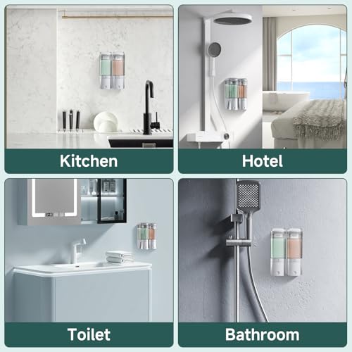 Shampoo and Conditioner Dispenser 2 Chamber No Drill Shower Soap Dispenser Wall Mounted Shampoo Conditioner Body Wash Dispenser 2 * 500ml Refillable Shower Dispenser for Bathroom Hotel, Silver - color: Silver 2 Chamber