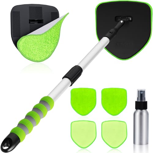 XINDELL Windshield Cleaner Tool, Car Window Cleaning Kit with 4 Reusable Microfiber Pads, Extendable Handle & 360° Rotating Head, Safety Hammer, Streak-Free Auto Glass Wiper for Car Truck SUV RV - color: Green
