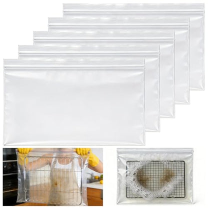 Oven Rack Cleaning Bags 19.6 x 27.5 Inch, 5 Pack | Heavy-Duty, No-Scrub Soaking, Side Zipper Opening, Reusable, Leak-Resistant