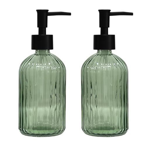 Green Glass Soap Dispenser Set with Black Pump, 13.5oz Refillable Liquid Hand Soap Dispenser, Lotion Dish Soap Dispenser for Modern Home Decor, Bathroom, Kitchen Countertop, Hotel(2 Pack) - color: Army Green