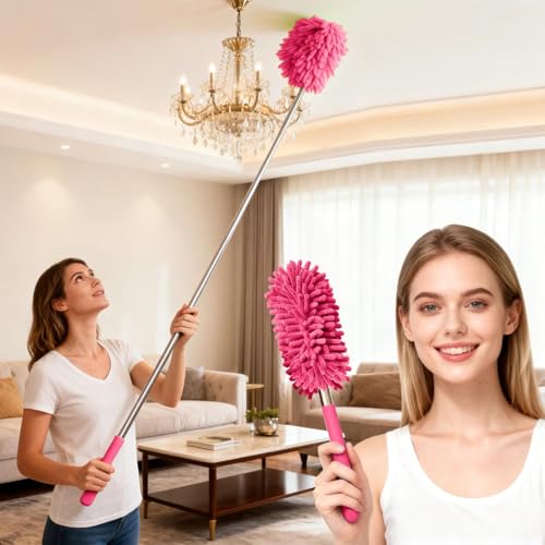 Extendable Microfiber Duster, Telescoping Dusting Brush for Home and Car Cleaning, Adjustable Length, Soft and Flexible - color: Elongated Rose Red