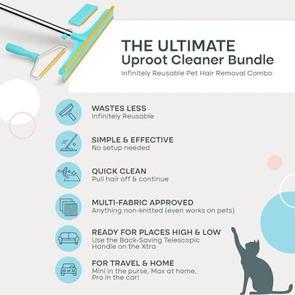 Uproot Cleaner Pro Pet Hair Remover Bundled with Mini Pet Hair Removal Tool for Couch & Xtra Carpet Fur Removal Tool - A True Fur-Riccane Survival Kit - color: Pro + Mini + Xtra
