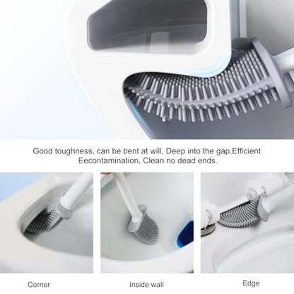 RV Silicone Toilet Brush with Holder, Drill-Free Wall Mounted Toilet Bowl Cleaner, Anti-Drip Anti-Roll Compact Brush for RV Camper & Small Bathroom - color: White 2pc